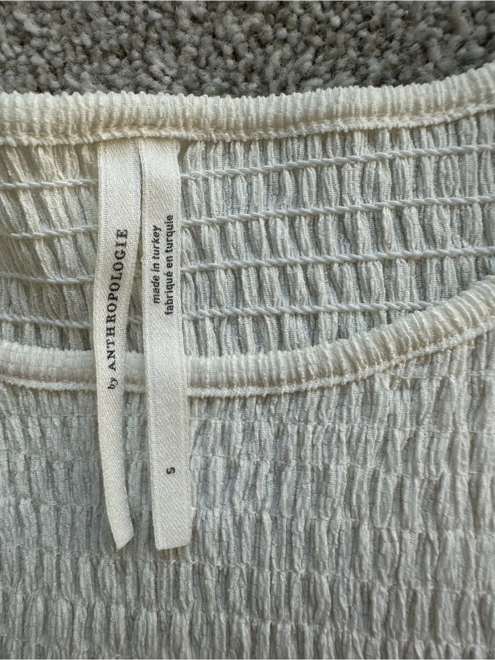 Anthropologie Cream Smocked Long-Sleeve Blouse